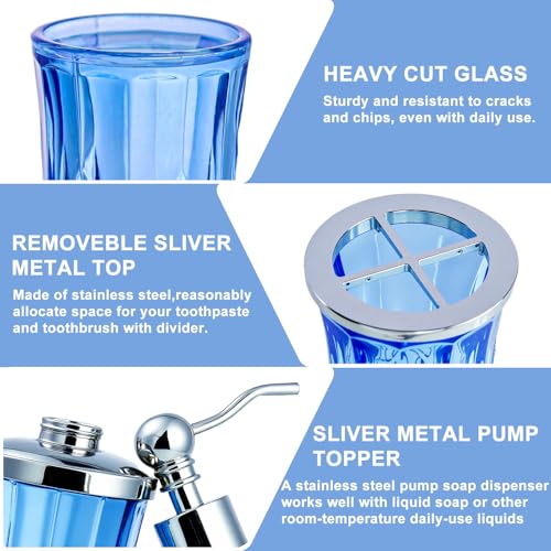 Blue Bathroom Accessories, Round Thick Glass & Metal Pump | Beautiful & weight, 5 pcs soap dispenser, toothbrush holder, soap dish, tumbler & jar, for mission/amish style - style: Round(Blue)