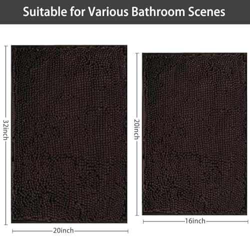 Bathroom Rugs Chenille, Extra Thick and Absorbent, Non-Slip, Machine Washable, Dry Quckily, Soft Cozy Plush, Used Under Shower Bathtub and Sink, Bath Mat Sets Coffee - color: Coffee, size: 16 x 24 inch + 20 x 32 inch (Rectangular)