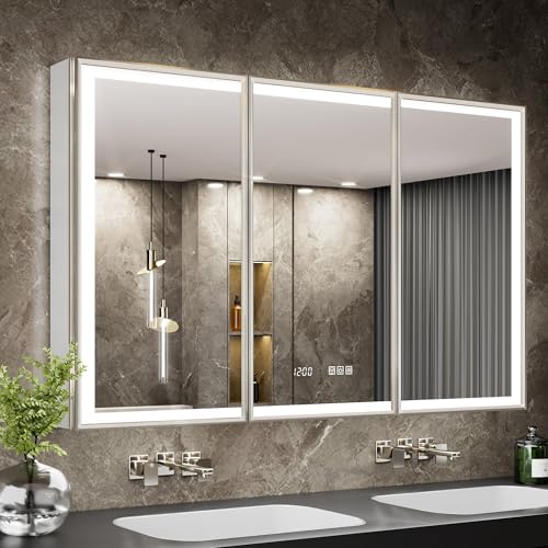 48x30 Lights Medicine Mirror Cabinet, Beveled Brushed Nickel Frame | Lighted Aluminum Bathroom Cabinet, Surface or Recessed Mount, Dimmable 3 Color Temp, Defog, Outlet, Clock, Sensor Inner Light - size: 48x30''