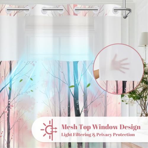 No Hook Woodland Shower Curtain with Snap in Liner, 71x74 Inch | Mesh Top & Double Layer Waterproof Bath Curtain, Whimsical Pink Blossom Trees & Wildflower Meadow Design for Girls Bathroom - color: Trees and Wildflowers