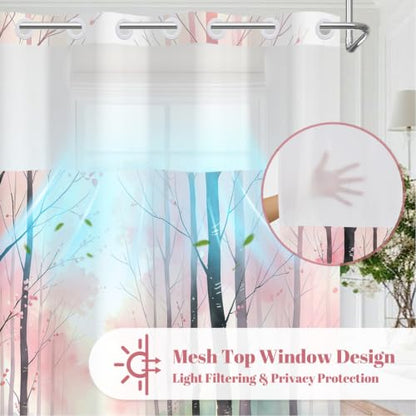 No Hook Woodland Shower Curtain with Snap in Liner, 71x74 Inch | Mesh Top & Double Layer Waterproof Bath Curtain, Whimsical Pink Blossom Trees & Wildflower Meadow Design for Girls Bathroom - color: Trees and Wildflowers
