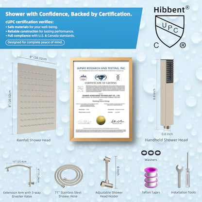 Hibbent All Metal CUPC Certified 8'' Rainfall Shower Head, Dual Shower Head Combo, High Pressure Handheld 4 Sprays Shower Wand, 16'' Adjustable Extension Arm, 71'' Hose, Shower Holder, Brushed Nickel - color: Brushed Nickel, style: Square 8''