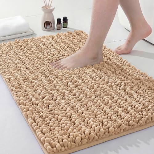 Disolla Small Bath Mat 17x24 Inch - Chenille Beige Bathroom Rug, Extra Soft Absorbent Plush Shaggy Bathmat, Non-Slip Machine Washable Floor Mat for Shower, Tub and Sink - color: Beige, size: 1'5" x 2' (17''x24'' Mini Bathroom Rug)