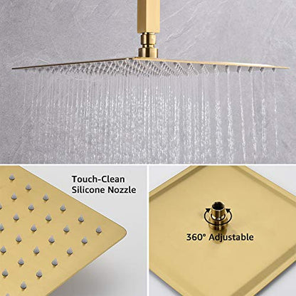 Iriber Ceiling Brushed Gold Rain Shower System with Waterfall Tub Spout 3 Function Shower Faucet Set Contain 12 Inch Shower Head and Handheld Shower Trim Kit (Valve Cartridge Included) - color: Brushed Gold 02