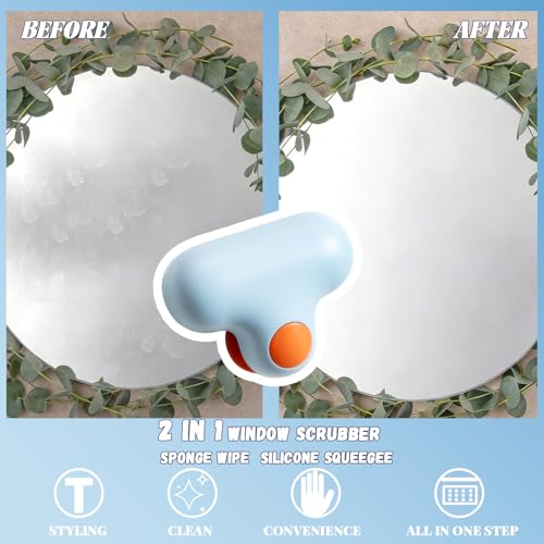 Mini Squeegee for Mirror and Car Windows, 2 in 1 Window Scrubber, Sponge Wipe, Silicone Small Squeegee, for Bathroom Mirror Makeup Mirror