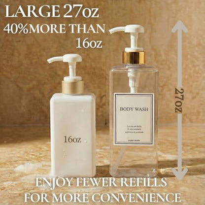Modern Gold Design Shampoo and Conditioner Dispenser, Large 27oz Shower Soap Dispenser, Set of 3 Refillable Empty Plastic Pump Bottles for Bathroom, 6 Waterproof Labels Included, (Clear & White) - color: Clear & White