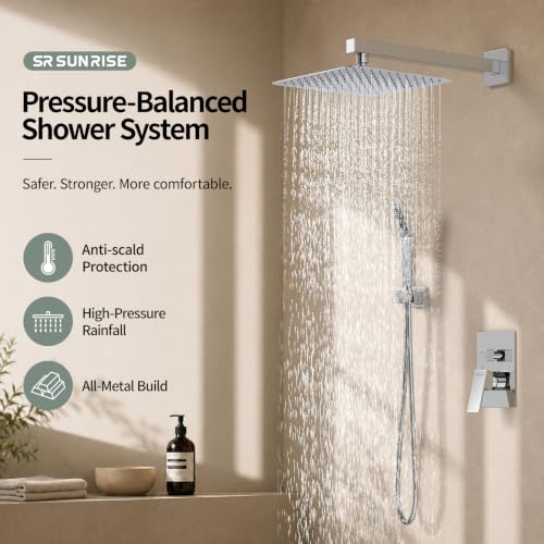 SR SUN RISE Polished Chrome Square Rainfall Shower Head and Handle Set, Wall Mounted Shower Fixtures, Metal Shower Faucet Trim Repair Kits (With Shower Valve) - color: Polished Chrome, size: 10 Inch