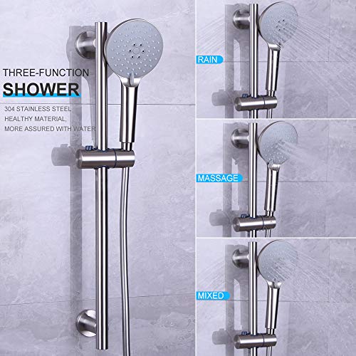 Shower Slide Bar with three Function Massaging Hand Shower Head Adjustable SUS 304 Stainless Steel Brushed D500011BN - color: Brushed Nickel