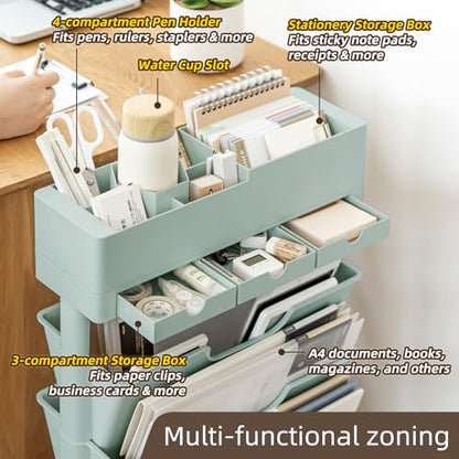 5 Tier Rolling Book Cart Multi-Functional Movable Storage Bookshelves | rolling bookshelf,Movable Storage Bookshelves with Lockable Wheels for Study Office Library Classroom, - color: Blue