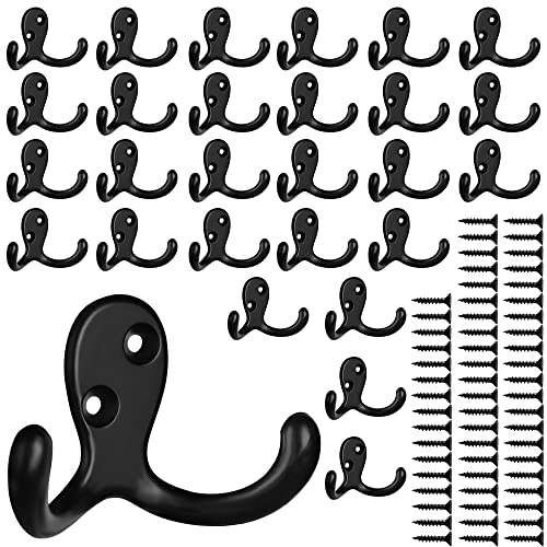 IBosins 28 Pack Heavy Double Prong Coat Hooks Wall Mounted with 56 Screws | Heavy Duty Retro Double Utility Hooks for Coat, Scarf, Bag, Towel, Key, Cap, Cup, Hat - color: 28 Pcs Black