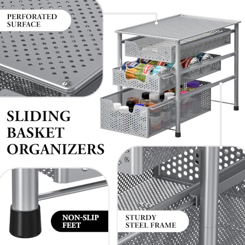 Simple Houseware Stackable 3 Tier Sliding Basket Organizer Drawer, Silver (Pack of 2) - color: Silver, size: 3-Tier (Pack of 2)