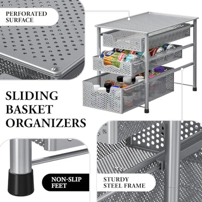 Simple Houseware Stackable 3 Tier Sliding Basket Organizer Drawer, Silver (Pack of 2) - color: Silver, size: 3-Tier (Pack of 2)