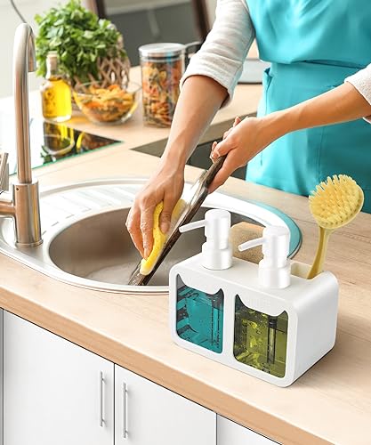 Kitchen Hand Soap and Dish Soap Dispenser Set, Dual Soap Dispenser with Sponge Caddy and Brush Holder 4-in-1 Organizer for Sink Countertop, Useful Kitchen Gadgets - White - color: White