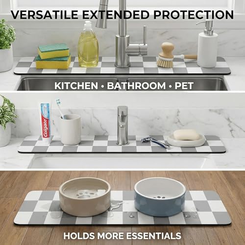 Cuttable Faucet Mat for Kitchen Sink: 30"Lx5.5"W DIY to Fit Irregular Sink with 2 & 3 Holes or Soap Dispenser - Customizable Checkered Absorbent Sink Splash Guard & Bathroom Counter Protector - size: 6" x 2'6"