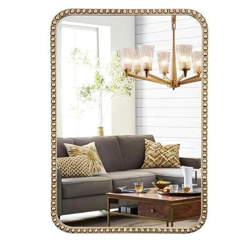 24"x30" Champagne Bronze Mirrors for Bathroom, Brass Vintage Bathroom Wall Mirror with Beaded Frame, Gold Beaded Mirror for Vanity Ornate Bedroom - size: 30"L x 24"W