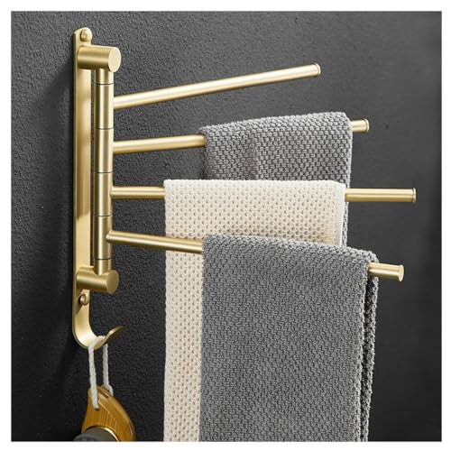 ZHOUXIAO Premium Brass Swing Out Towel Bar Holder Wall-Mounted/Swivel Towel Rack Hanger Organizer for Bathroom, 4-Bar Towel Bar Folding Arm Swivel Hanger Bathroom Storage Brushed Gold