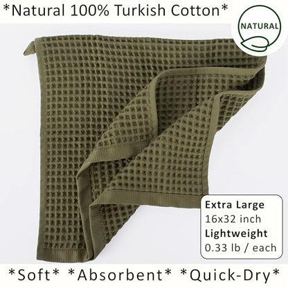 PÜSKÜL Natural 100% Turkish Cotton Waffle Hand and Kitchen Towels Set of 3 | Khaki Green, Large 32x16 inc, Honeycomb-Waffle weave towel for bathroom & kitchen. Premium quality oeko-tex made in Turkey. - color: Khaki Green, size: Kitchen & Hand Towels Pack