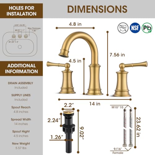 Gold Bathroom Faucet,Bathroom Faucet 3 Hole,Bathroom Sink Faucet | Brass Bathroom Faucet,Brushed Gold Bathroom Faucet 8 Inch With Pop-Up Drain And 2 Supply Hoses For Vanity Lavatory - color: Gold