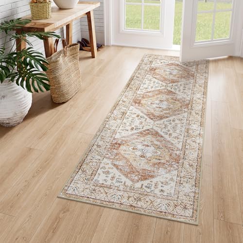Lahome Boho Washable Runner - 2x5 Rug Runner Non-Slip Lightweight Laundry Room Rug Throw Non-Shedding Long Bathroom Carpet, Oriental Accent Print Indoor Carpet for Kitchen Hallway Bedroom Adelyn - color: Taupe, size: 2' x 5' (Rectangular)