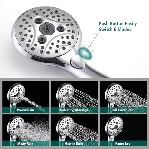 Handheld Shower Head with Slide Bar Combo, 6 Settings Handheld Shower with ON/OFF Pause Switch, Adjustable Height 27.5" Long Slide Bar, Round Wall Supply Elbow and 6.6ft Shower Hose, Chrome - color: Chrome