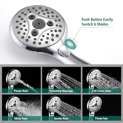 Handheld Shower Head with Slide Bar Combo, 6 Settings Handheld Shower with ON/OFF Pause Switch, Adjustable Height 27.5" Long Slide Bar, Round Wall Supply Elbow and 6.6ft Shower Hose, Chrome - color: Chrome