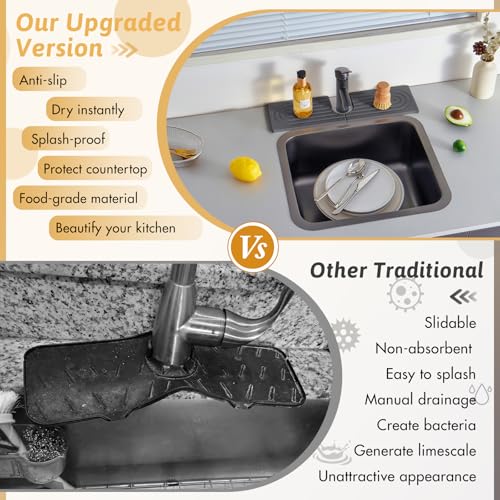 Kitchen Faucet Absorbent Mat with U-Shape Hole, 16" Diatomaceous Earth Splash Guard for Sink Faucet, Aesthetic Water Absorbing Stone Tray Draining Mat for Modern Home, Gift for Girlfriend, Dark Grey - size: 16" x 3.9"