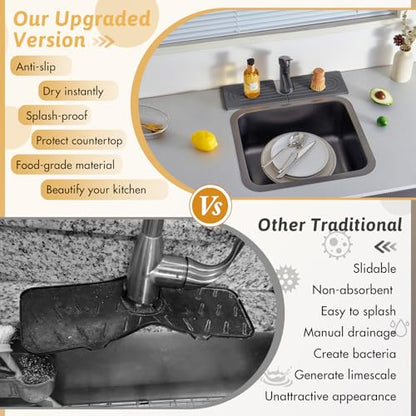 Kitchen Faucet Absorbent Mat with U-Shape Hole, 16" Diatomaceous Earth Splash Guard for Sink Faucet, Aesthetic Water Absorbing Stone Tray Draining Mat for Modern Home, Gift for Girlfriend, Dark Grey - size: 16" x 3.9"
