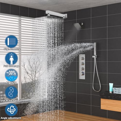 Enga Thermostatic Dual Shower System, 12"+6" Wall Mount Dual Rain Shower Faucet, All Functions Use Together & Volume Adjustable, Chrome - color: Chrome, style: ‎12"+6" Head