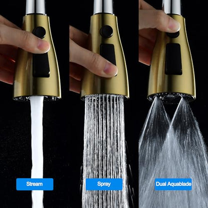 [Upgraded] GORDEE Kitchen Faucet Sprayer Head Replacement, 3-Function(Stream/Spray/Blade) Sprayer Spout Nozzle w/Check Valve, 1.8 GPM, 9 Adapters to Fit Most Standards of Faucets, Brushed Gold - color: N2 New 3-function Brushed Gold