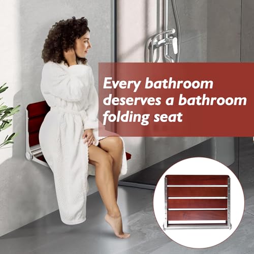 Folding Shower Seat Wall Mounted Shower Bench Teak Folding Shower Chair Wood Seat 316 Stainless Steel Frame Fold Down Shower Seat Reddish Brown 600 lbs,1 Pack - color: Reddish Brown