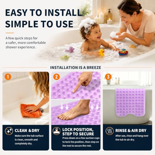 Yimobra Non Slip Bathtub Mat 40 x 16 Inch, Extra Long Shower Mat with Drain Holes, Machine Washable Baby Bath Mats, Strong Suction Cups for Bathroom Floor, Clear Purple - color: Clear Purple