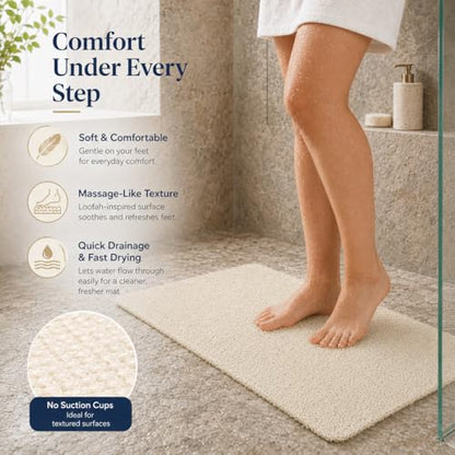 HUJI Loofah Shower Mat Non-Slip Bath Mat for Tiled Bathroom - Great for The Elderly and Children (No Suction Cups, 1)