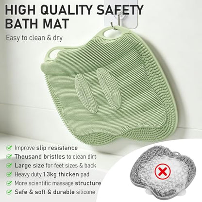 Silicone Foot Scrubber Mat XL in Shower with Non-Slip Suction Cups | Feet Toes Brush Clean Exfoliate Massage without Bending, Use in Bathtub Floor for Men Women Senior 17.4*13.4" Sage Green - color: 17*13.39" Sage Green