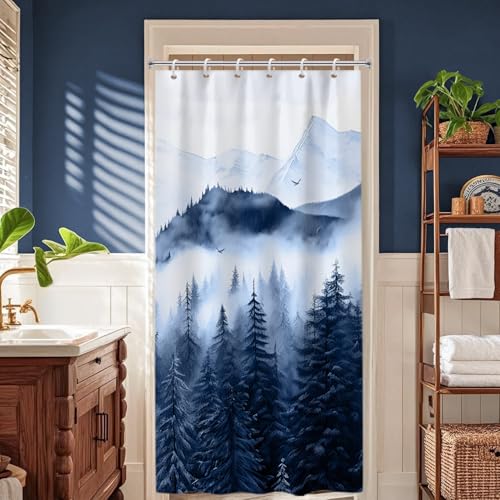 Navy Blue Forest Stall Shower Curtain with Hooks, 36x72 Inch | Waterproof Small Narrow Nature Foggy Mountain Bathroom Curtain for Shower Stall, Soft and Lightweight, Machine Washable - color: Blue, size: 36"W x 72"L (Pack of 1)