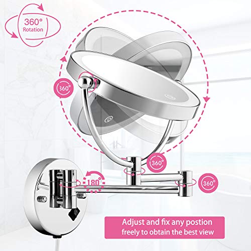 Wall Mounted Lighted Makeup Mirror, 8 Inch Double-Sided 1X 5X Magnifying Mirror for Bathroom, 11'' Extendable Arm, 360° Swivel, Touch DimmableLED Lights, Powered by Plug in, Chrome