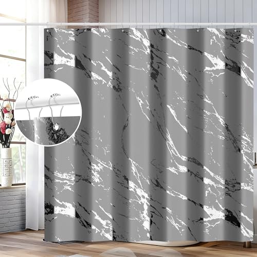Gray Marble Shower Curtain Set with Silver Metal Hooks, Fabric Shower Curtain for Bathroom, Modern Luxury Bathroom Curtain, Water-Resistant Polyester Bath Curtain, 72 x 72 Inches - color: Silver Gray, size: 72"W x 72"L (Pack of 1)