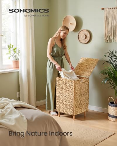 SONGMICS Laundry Hamper With Lid, 95 L Wicker Handwoven Water Hyacinth | Wicker Laundry Basket , Natural Material, Removable Machine Washable Liners, Natural ELIOTT Collection ULCB201Y01 - color: Natural, size: 95 L (Handwoven）