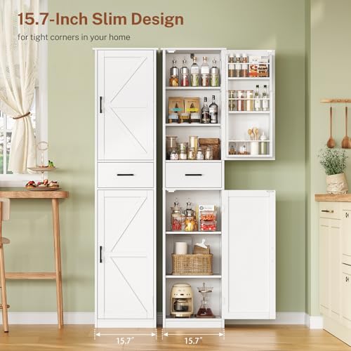 Tall Storage Cabinet with 3 Door Shelves & 1 Drawer, Narrow Kitchen Pantry Cabinet for Living Room, Bathroom, Entryway, White - color: White