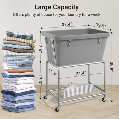 ELYKEN Rolling Laundry Hamper with Wheels, Removable Bag, Laundry Cart | 32-Gallon (122L), 2-Tier Clothes Basket with Shelf, Metal Frame, Ideal for Closet, Bedroom, Bathroom & Laundry Room, Gray - color: Gray, size: 27.4"L x 19.9"W x 30.9"H