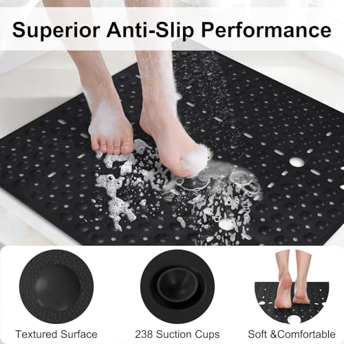 Square Shower Mat Non Slip, 27 x 27 Inch Quick Drain TPE Anti Slip Shower Mats for Inside Shower, Soft Shower Floor Mat with Suction Cups, Quick Drying, Machine Washable - color: Black