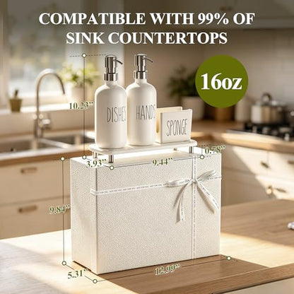 Cisily Housewarming Gifts New Home Basket, Kitchen Soap Dispenser Set Comes with Ceramics Sponge Holder, Silver Stainless Steel Pumps, and Instant Dry Tray, Hand and Dish Soap Dispenser Set - color: Silver + White+gift Box Packaging