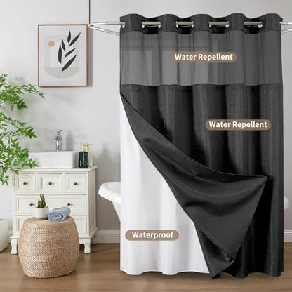 Colorful Star No Hook Shower Curtain with Snap in Fabric Liner, Waffle Weave Heavy Duty Thick Shower Curtains with Mesh Top Window, Hotel Style Waterproof Bathroom Curtain Set, 72 x 81 Inch, Black - color: Black, size: 72"W x 81"L (Pack of 1)