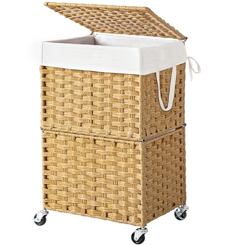 Chrislley Wicker Laundry Basket with Wheels,Rolling Laundry Hamper with Lid | 90L Slim Clothes Hamper with Wheels & Removable Liner Bag, Handwoven Rattan Laundry Organizer for Bedroom, Bathroom, Yellow - color: Yellow