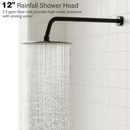 Gabrylly Shower System, Slide Bar Shower Faucet Set, 12", Matte Black | Rainfall Shower Head with 5-Setting Handheld Spray, Wall Mounted Shower Set Included 2-Way Shower Valve and Trim Kit - color: Matte Black, size: 12 Inch