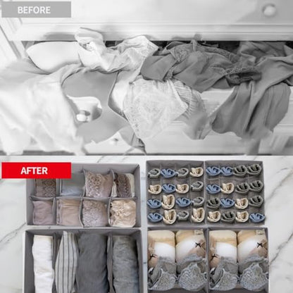 SUREMAX 5-Pack Underwear Drawer Organizer for Socks, Bras, Ties, Grey | Foldable, Fabric Drawer Dividers, Fits Standard 13"+ Dressers, 55 Compartments, for Bedroom, Closet, Bathroom