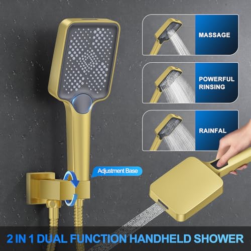 Woindo Shower Faucet Set, 10" Wall Mount Rainfall Shower System with 2 Rain Shower Head and Multi-function Handheld Head Push Button Diverter Shower Faucet Trim Kit - color: Brushed Gold, style: 10"-Wall-01