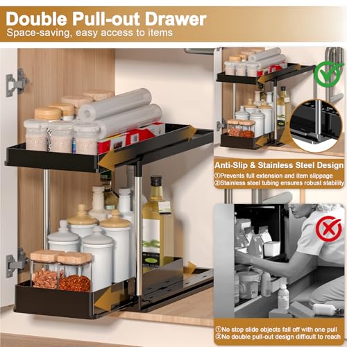 NIUXX Expandable Under Sink Organizer: 2 Tier Under Cabinet Organizer - Double Pull Out Shelf Under Sink Storage for Kitchen - Bathroom and Laundry Room - Space Saving - size: 27.9"L x 15.51"W-Fixed height
