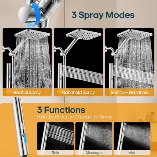 Hombeter High Pressure Rain Shower Head with Handheld Combo, 10 Inch Square Rainfall Showerhead, Adjustable Slide Bar Dual Shower System, 3 Spray Modes, 59" Stainless Steel Hose,Chrome - color: Chrome, style: Basic