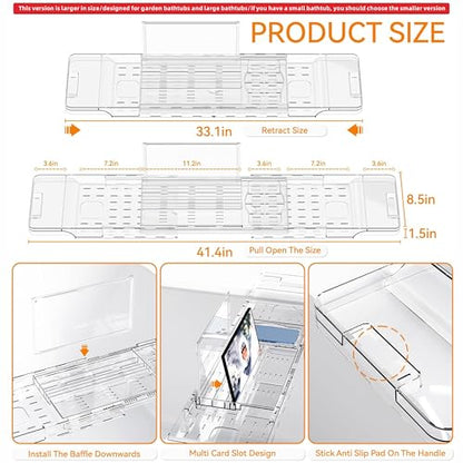 Luxury Clear Acrylic Bathtub Tray with Book Holder,Expandable Bath Tray for Tub and Bath Shelf Over Tub,Plastic Bath Table & Board,Bath Caddy Trays & Accessories for Women Relaxing Spa Gifts - size: L - (33.1 to 41.4 in）