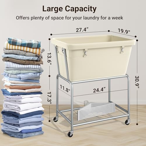 ELYKEN Rolling Laundry Hamper with Wheels, Removable Bag, Laundry Cart | 32-Gallon (122L), 2-Tier Clothes Basket with Shelf, Metal Frame, Ideal for Closet, Bedroom, Bathroom & Laundry Room, Cream - color: Cream, size: 27.4"L x 19.9"W x 30.9"H